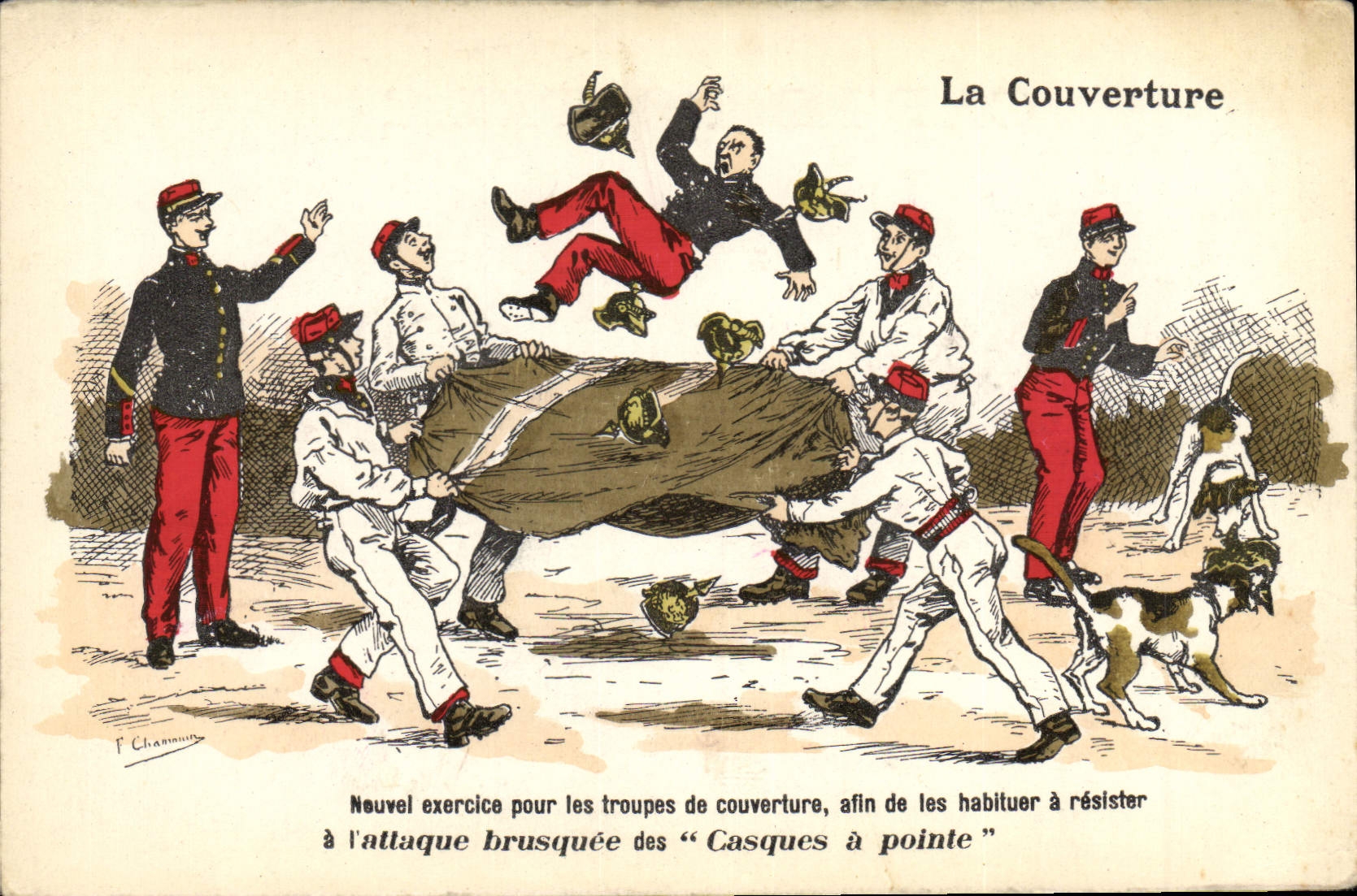 CPA Fantaisie Militaria la couverture Chien 