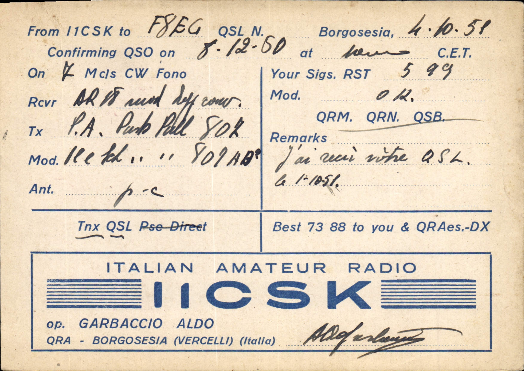 Telegrafía IICSK Garbaccio Aldo Borgosesia Bercelli de la POSTAL de la VENDIMIA