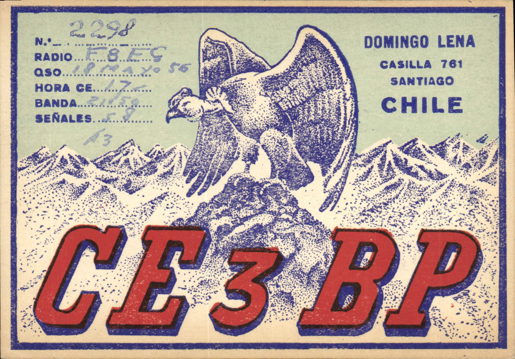 VINTAGE POSTCARD Telegraphy CE3BP Eagle Domingo Lena Santiago Chile