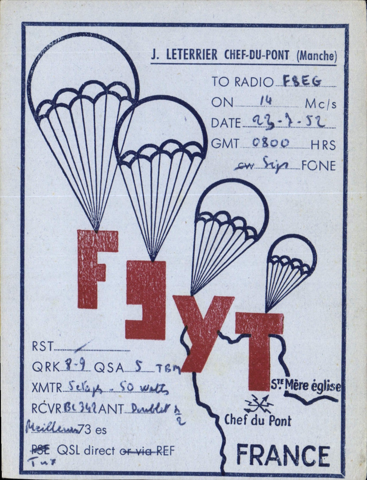 Jefe de la telegrafía F1YT Leterrier de la POSTAL de la VENDIMIA de la madre del St del paracaídas de la manija del puente que se lanza en paracaídas la iglesia