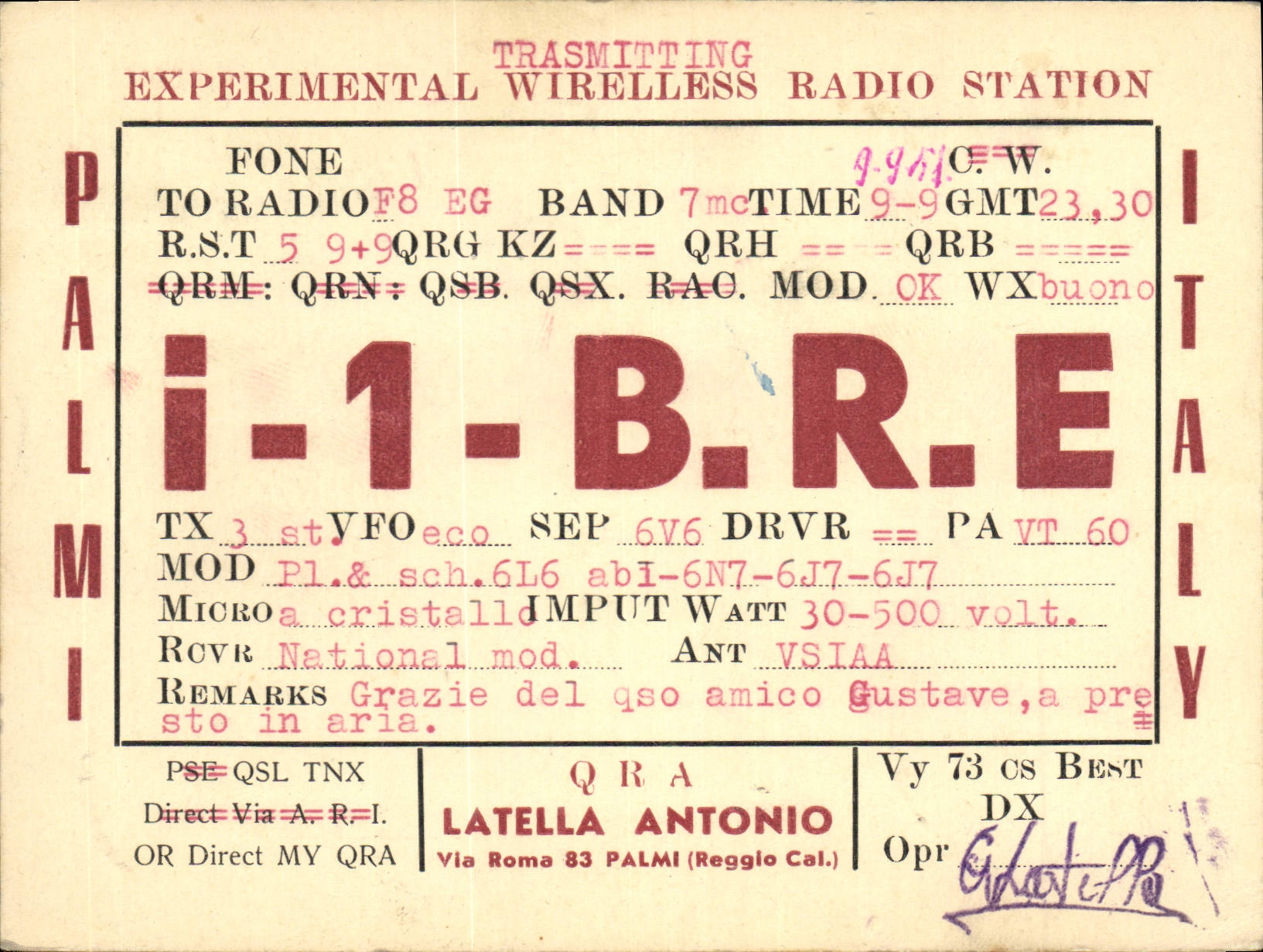 VINTAGE POSTCARD Telegraphy I1BRE Latella Antonio Via Roma Palmi