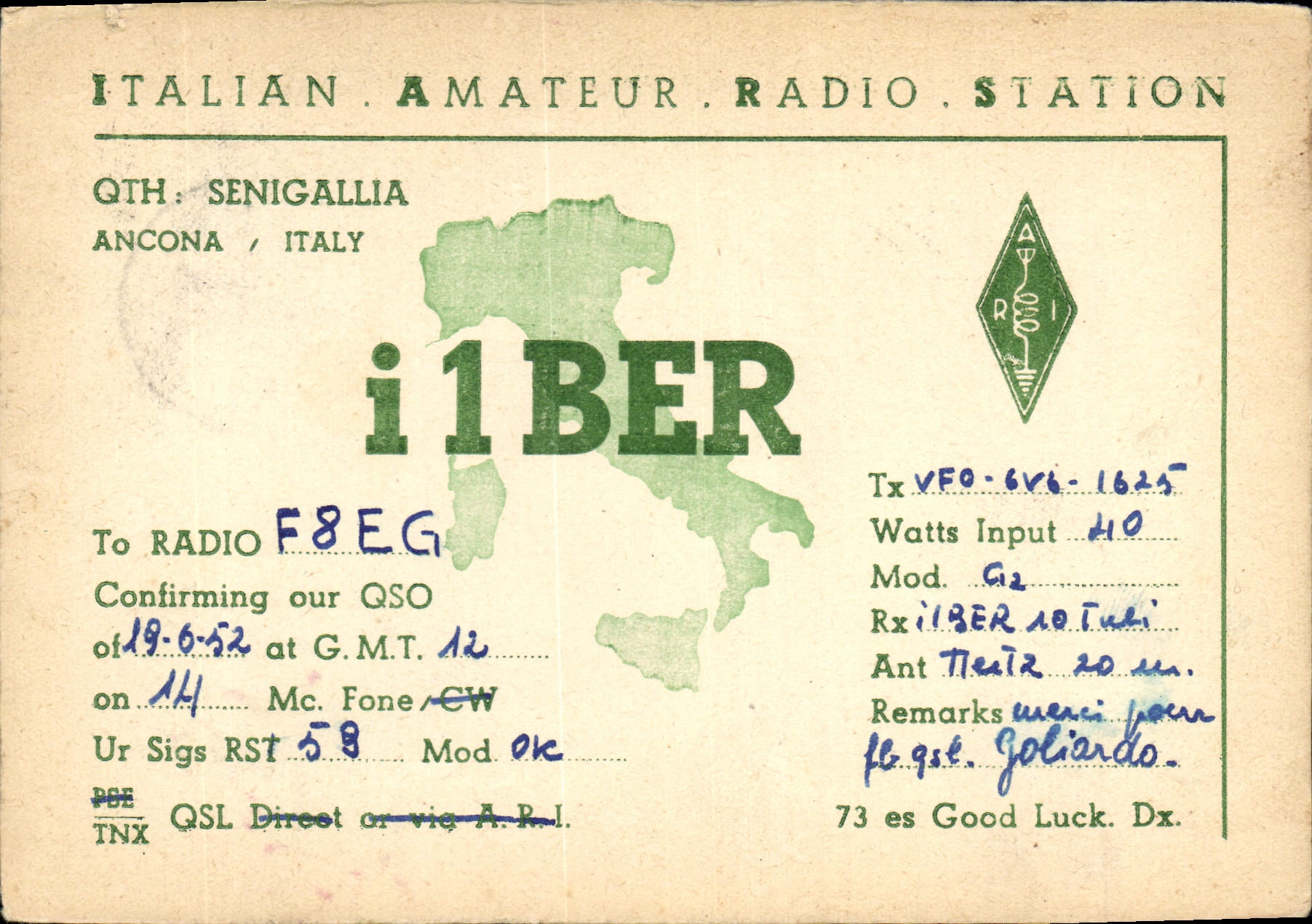 VINTAGE POSTCARD Telegraphy I1BER Senigallia Ancona