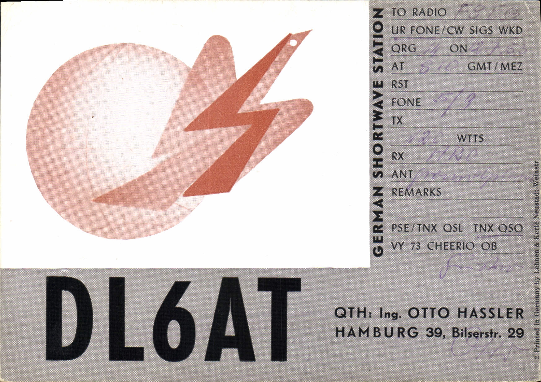 VINTAGE POSTCARD Telegraphy DL6AT Otto Hassler Hamburg