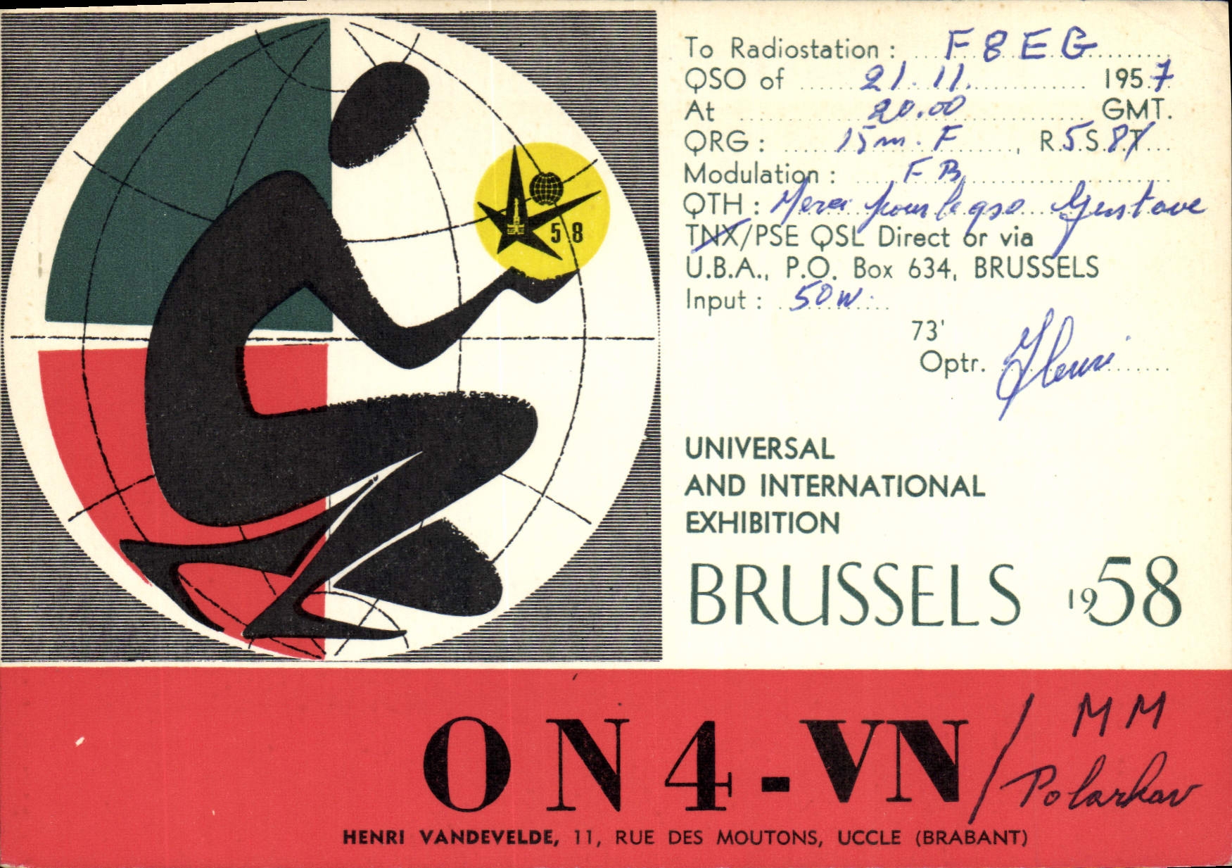 VINTAGE POSTCARD Telegraphy ON4VN Henri Vandevelde Street of the Sheep Uccle the Brabant