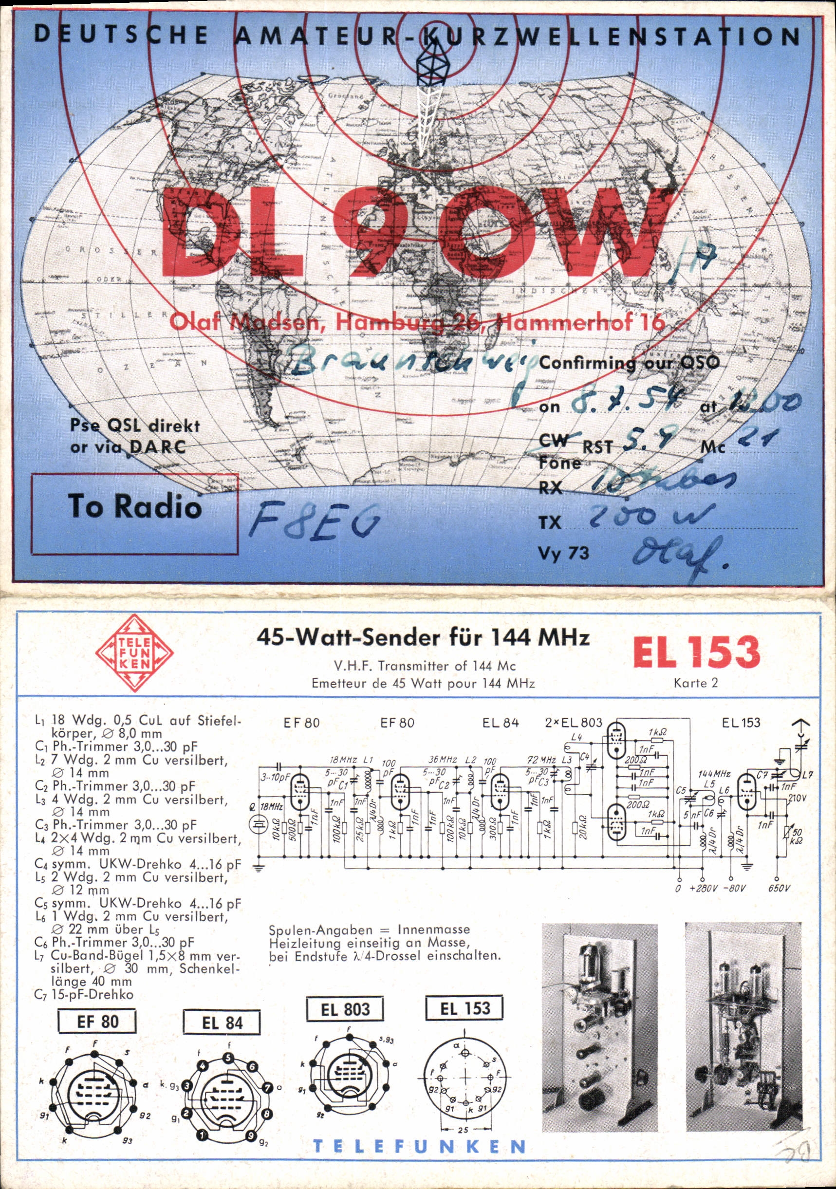 VINTAGE POSTCARD Telegraphy DL9OW Olaf Madsen Hamburg Hammerhof