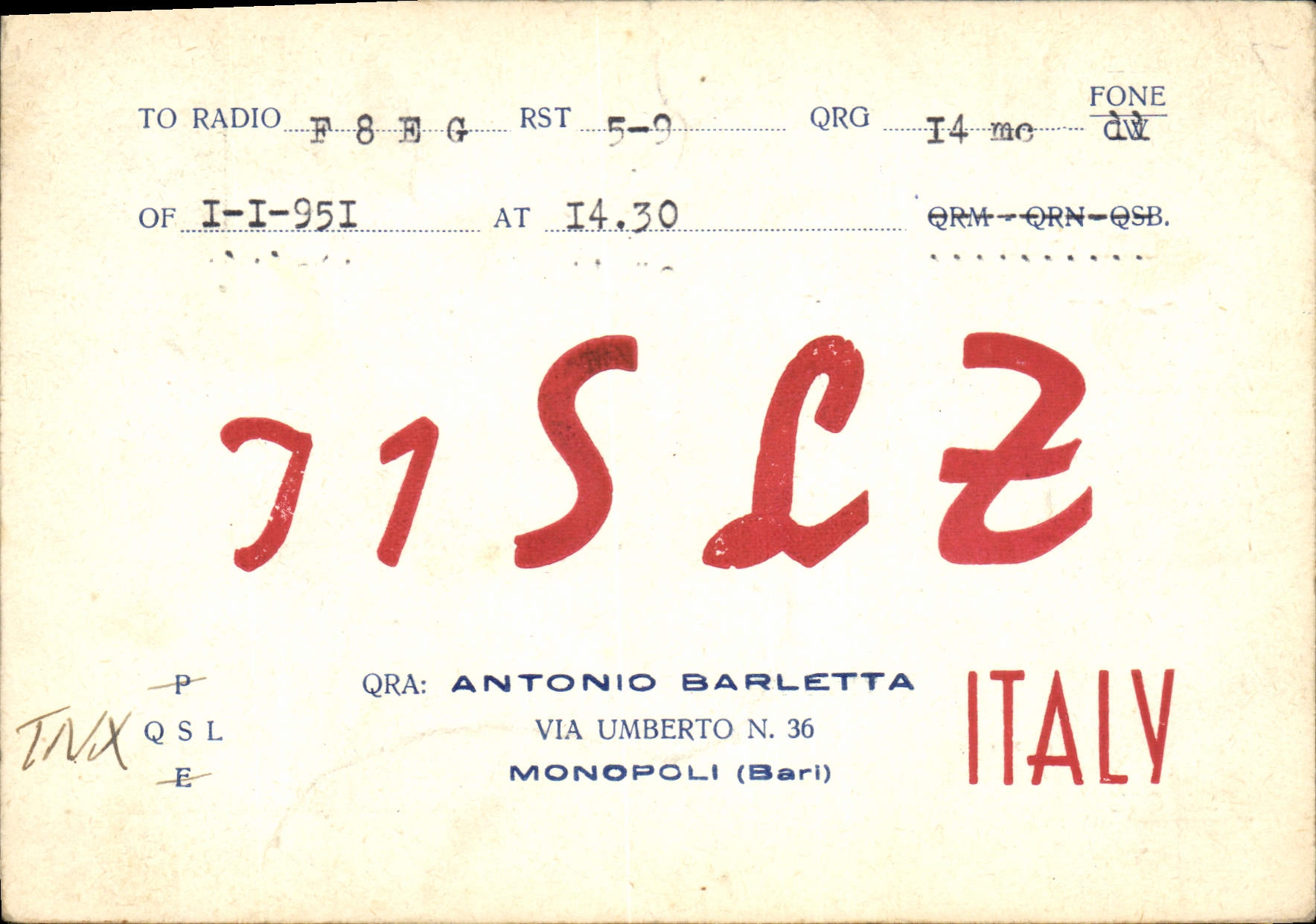 CPA Telegraphie J1SLZ Anotnio Barletta Via Umberto Monopoli Bari Italy