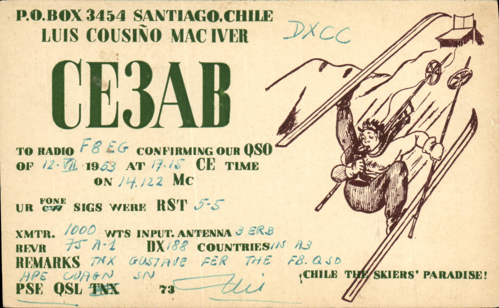 VINTAGE POSTCARD Telegraphie CE3AB Santiago Chile Shine cousino Mac Iver Ski