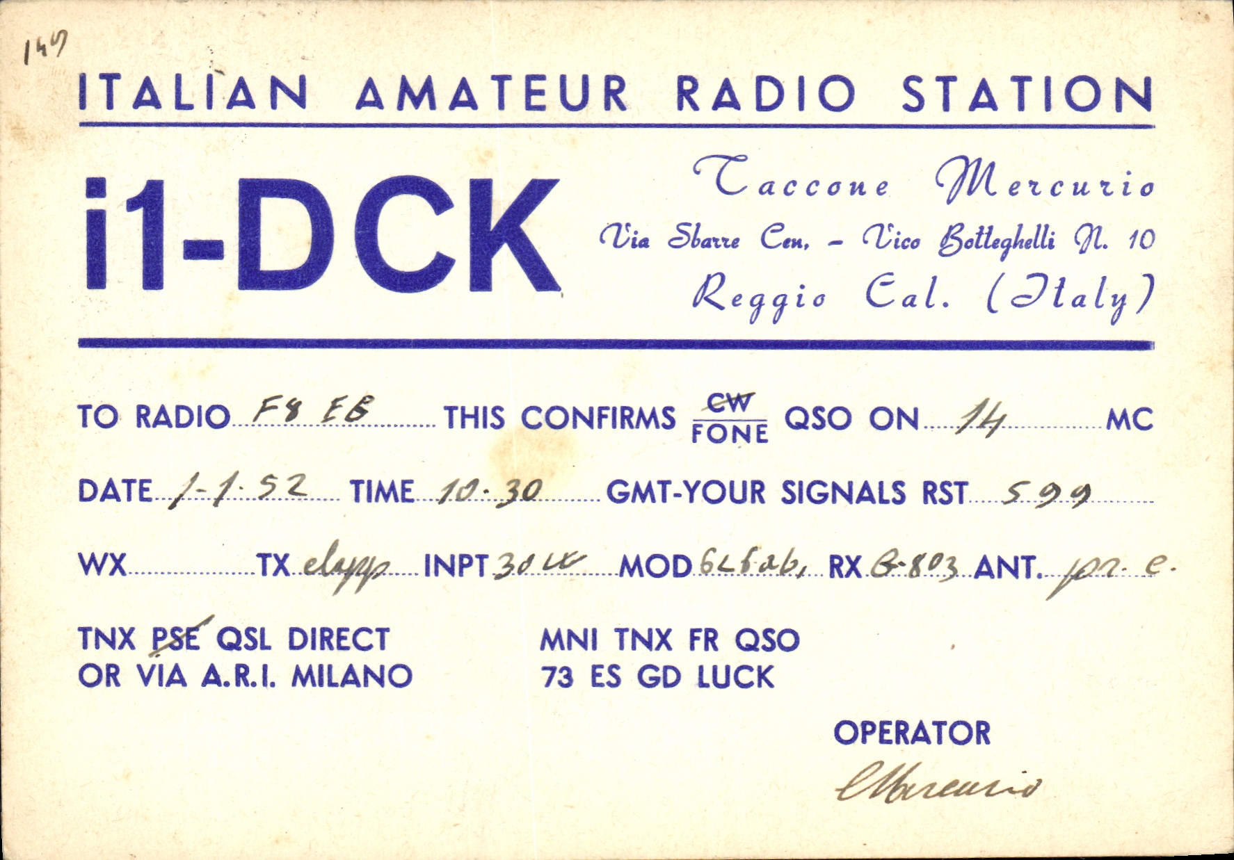 VINTAGE POSTCARD Telegraphy I1DCK Taccone Mercurio Via Sharre Cen Vico Botteghelli