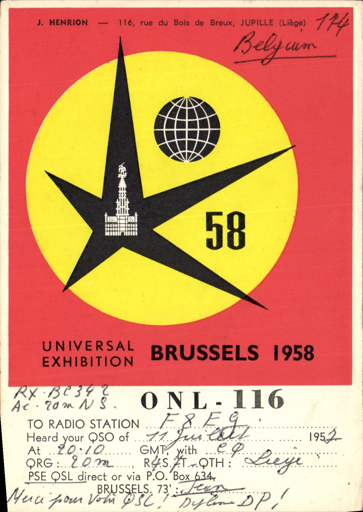 VINTAGE POSTCARD Telegraphy ONL116 Universal Exhibition 1958