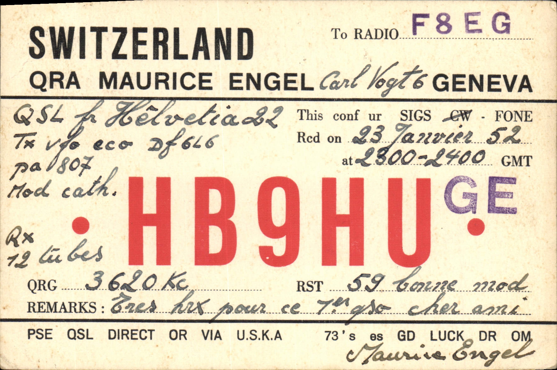 VINTAGE POSTCARD Swiss Telegraphy HB9HU QRA Maurice Engel Geneva