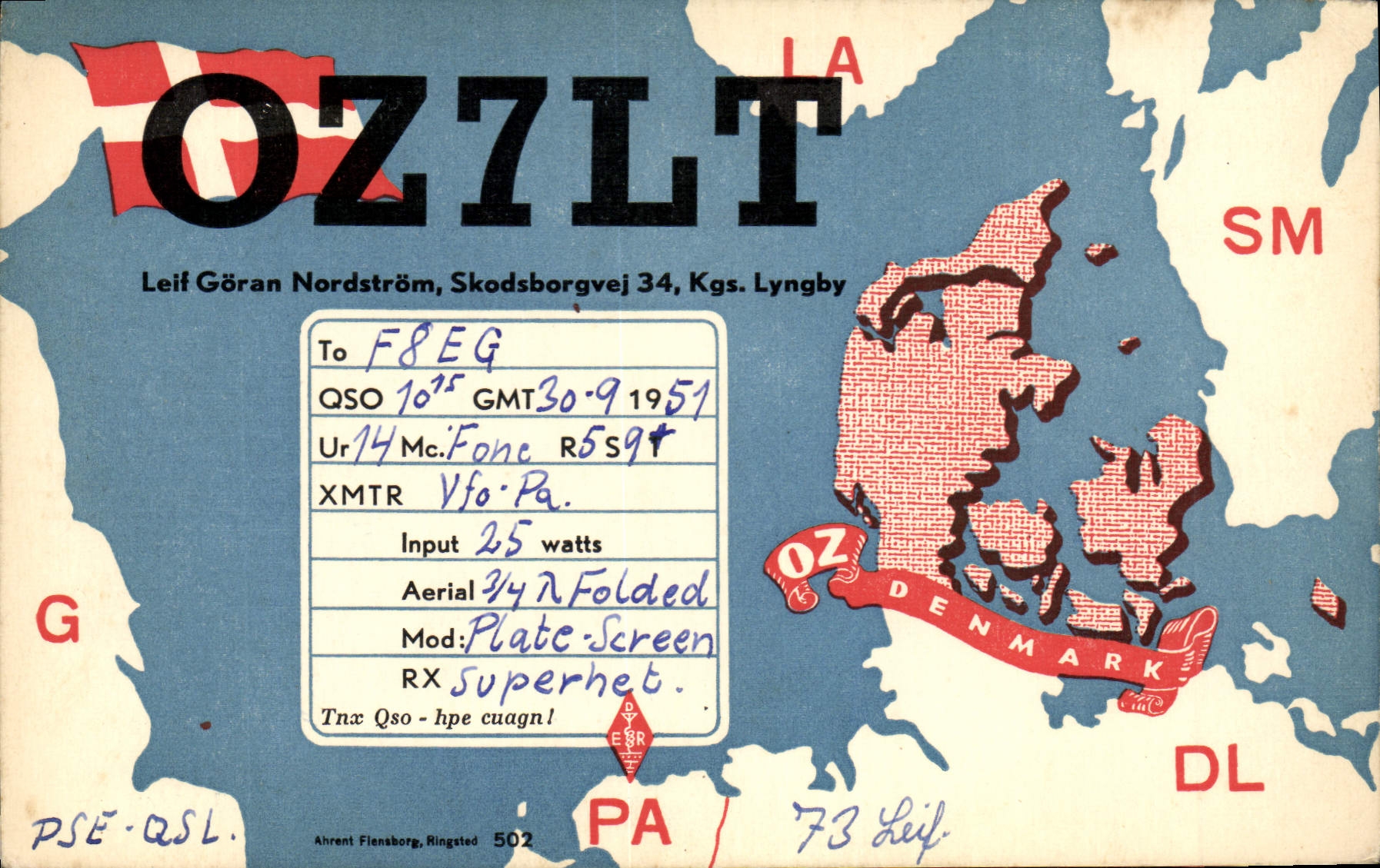 CPA Telegraphie OZ7LT Leif Goran Nordstrom Skodsborgvej Kgs Lyngby 