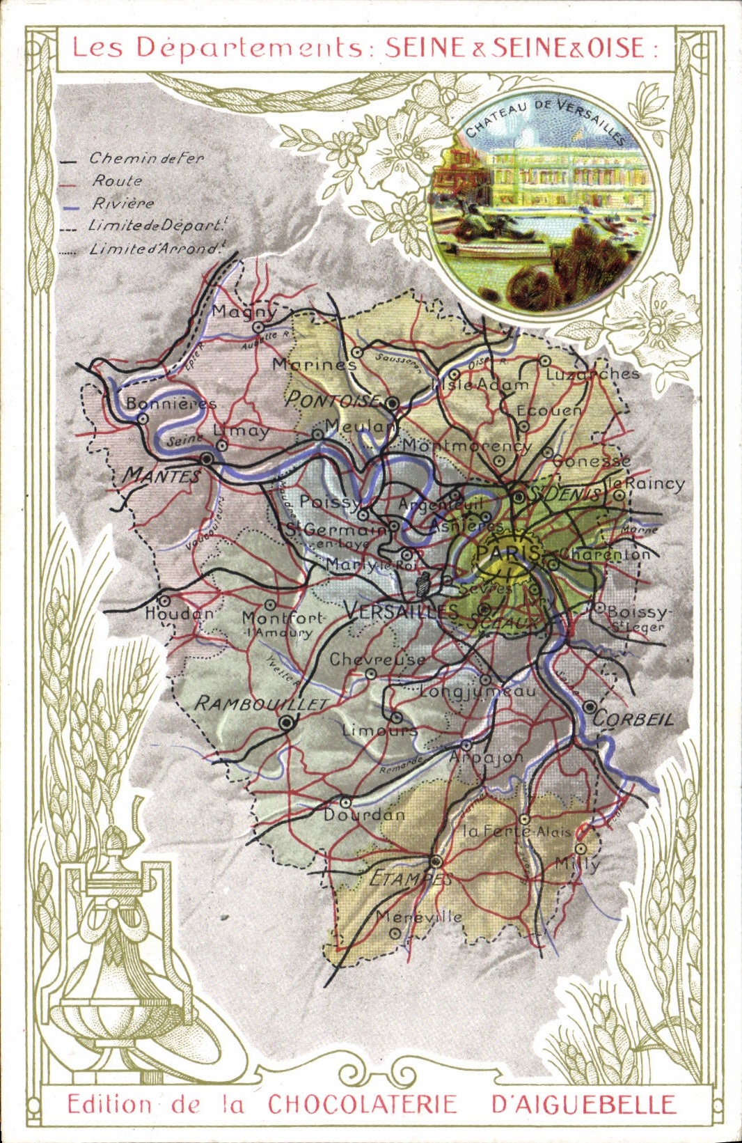 VINTAGE POSTCARD Geographical map Chocolate factory of Aiguebelle the Seine and the Seine and Oise Castle of Versailles