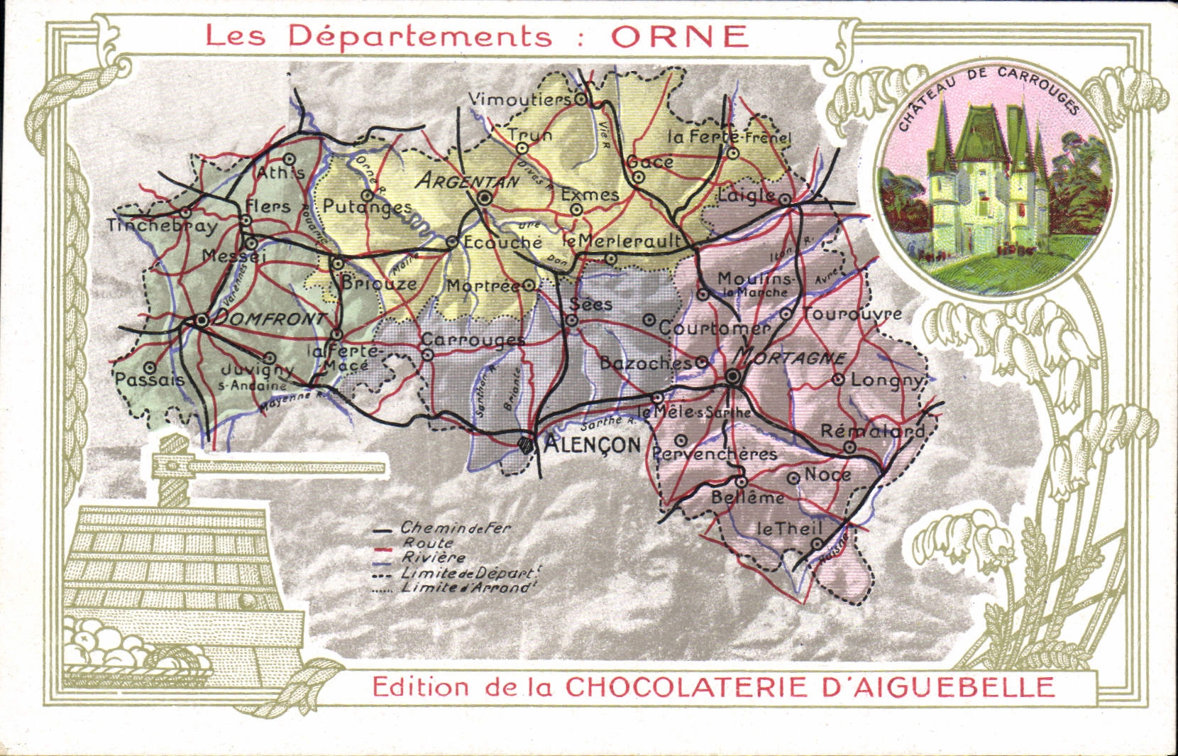 La fábrica geográfica del chocolate del mapa de la POSTAL de la VENDIMIA de Aiguebelle adorna el castillo de Carrouges
