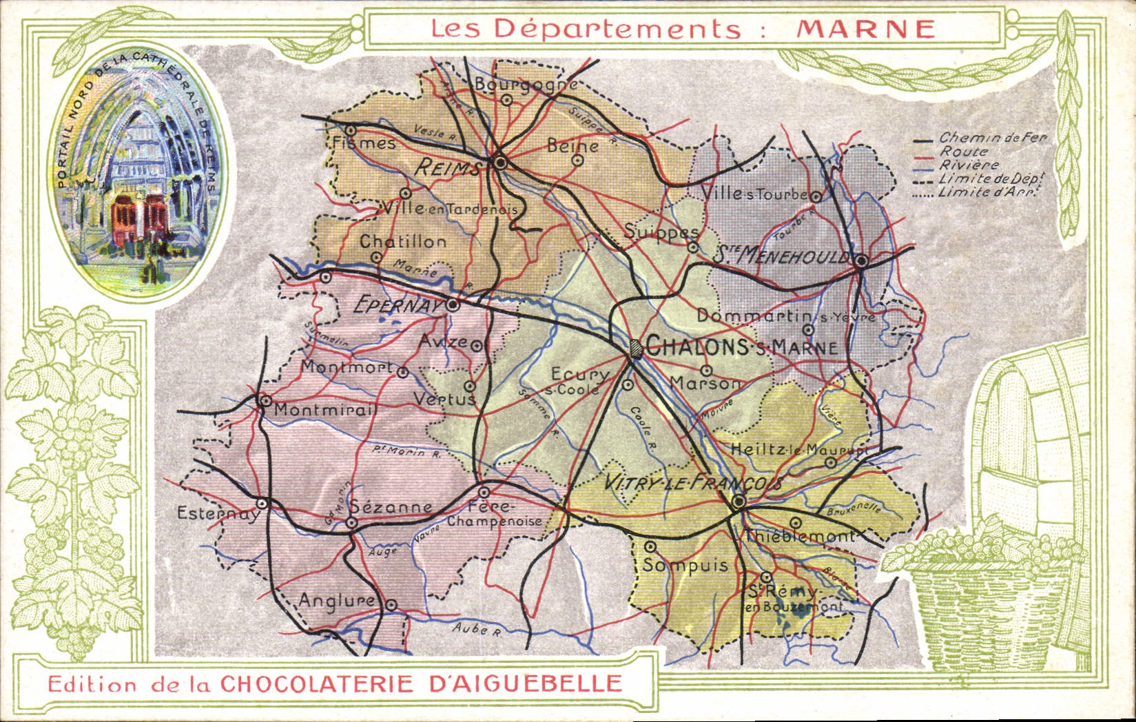 VINTAGE POSTCARD Geographical map Chocolate factory of Aiguebelle the Marne Cathedral of Rheims