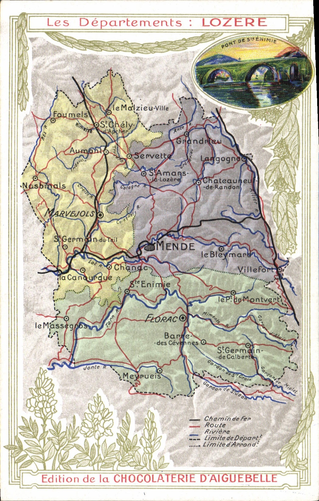 VINTAGE POSTCARD Geographical map Chocolate factory of Aiguebelle Lozere Bridge of St Enimie