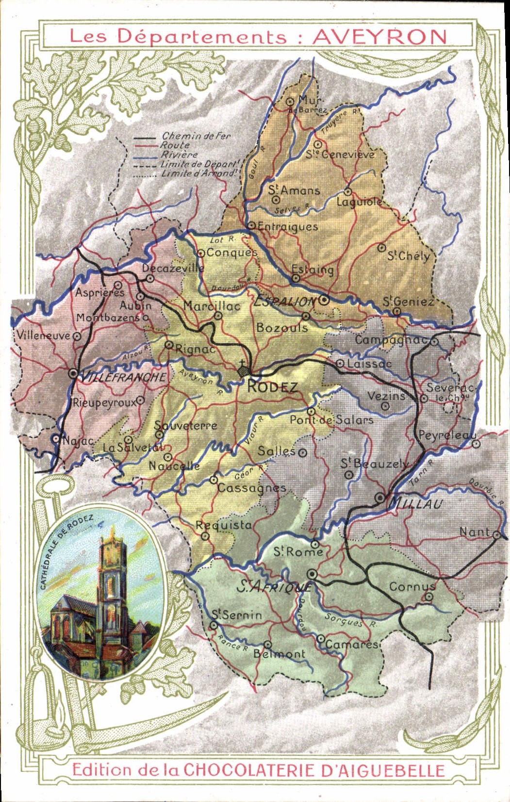 CPA Carte geographique Chocolaterie d'Aiguebelle Aveyron Cathedrale de Rodez