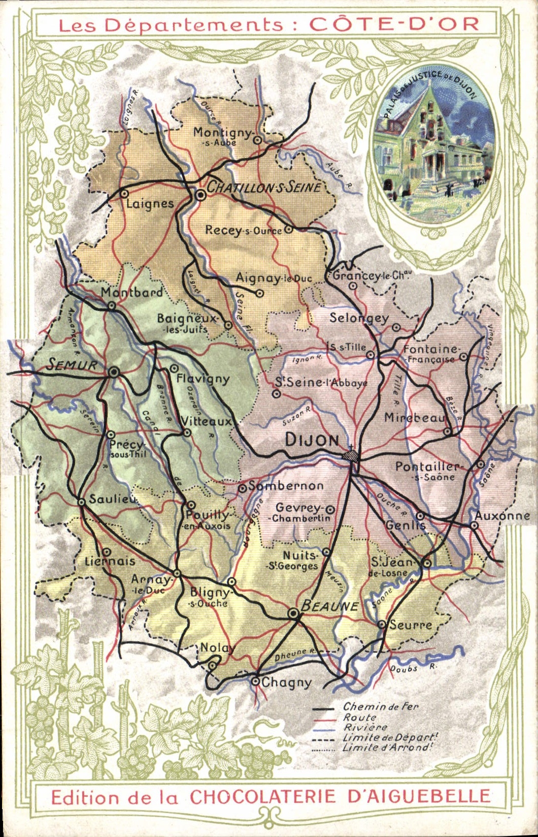 VINTAGE POSTCARD Geographical map Chocolate factory of Aiguebelle Dimensions of Gold Law courts of Dijon