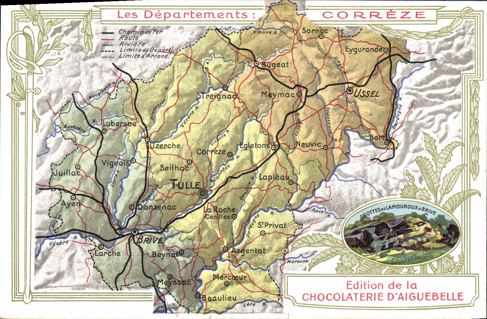 La fábrica geográfica del chocolate del mapa de la POSTAL de la VENDIMIA de Aiguebelle Correze Grottes de Lamouroux tiene Brive