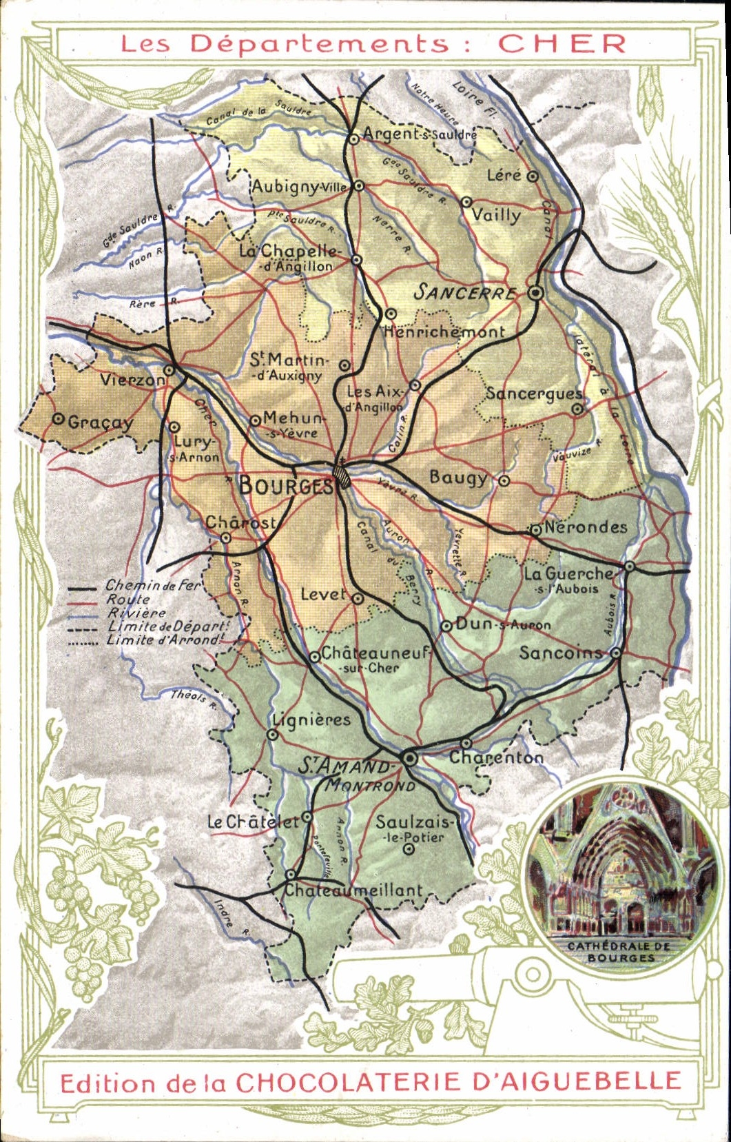 CPA Carte geographique Chocolaterie d'Aiguebelle Cher Cathedrale de Bourges