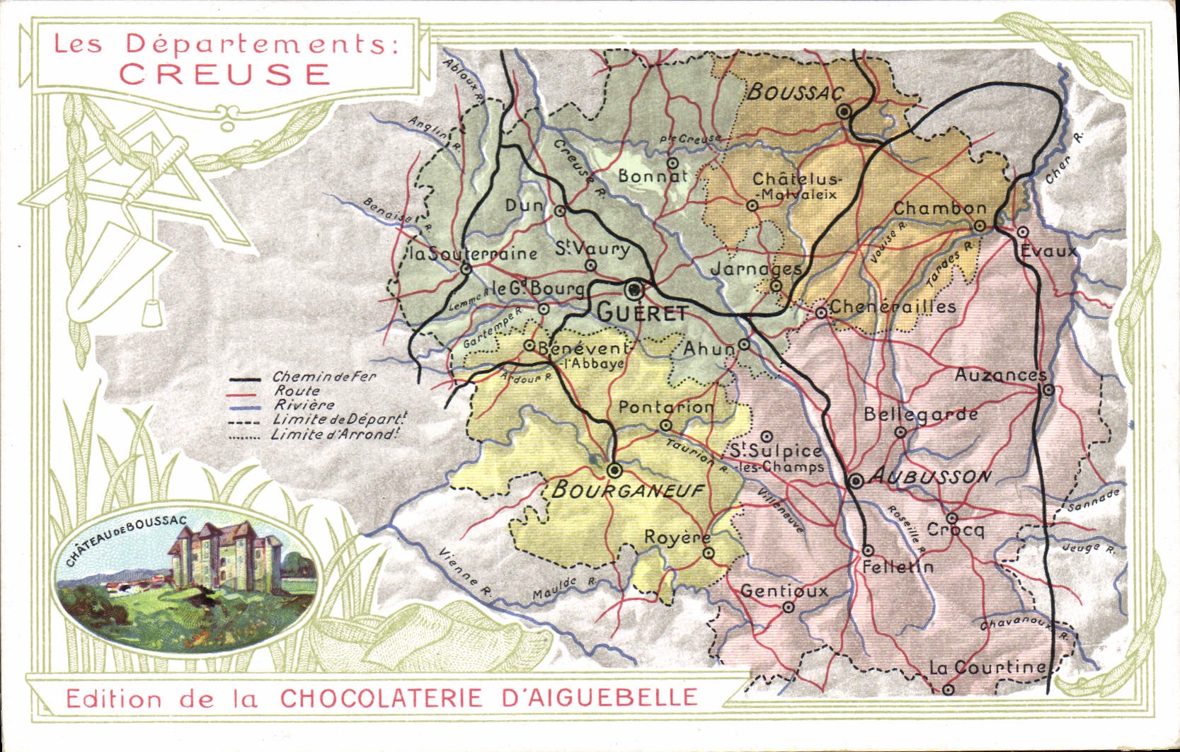 VINTAGE POSTCARD Geographical map Chocolate factory of Aiguebelle Digs Castle of Boussac