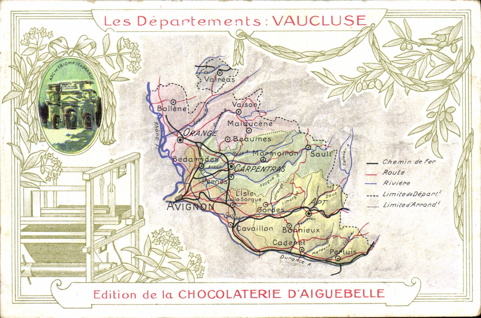 Fábrica geográfica del chocolate del mapa de la POSTAL de la VENDIMIA de naranja de Aiguebelle Vaucluse Arc de Triomphe