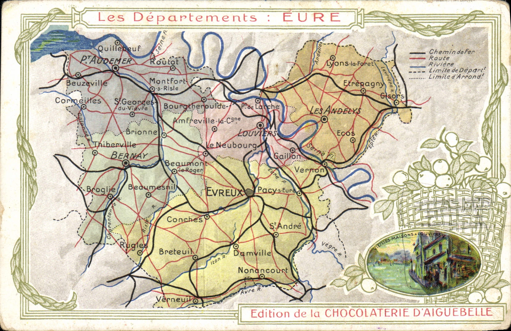VINTAGE POSTCARD Geographical map Chocolate factory of Aiguebelle the Eure Vieilles houses has Louviers