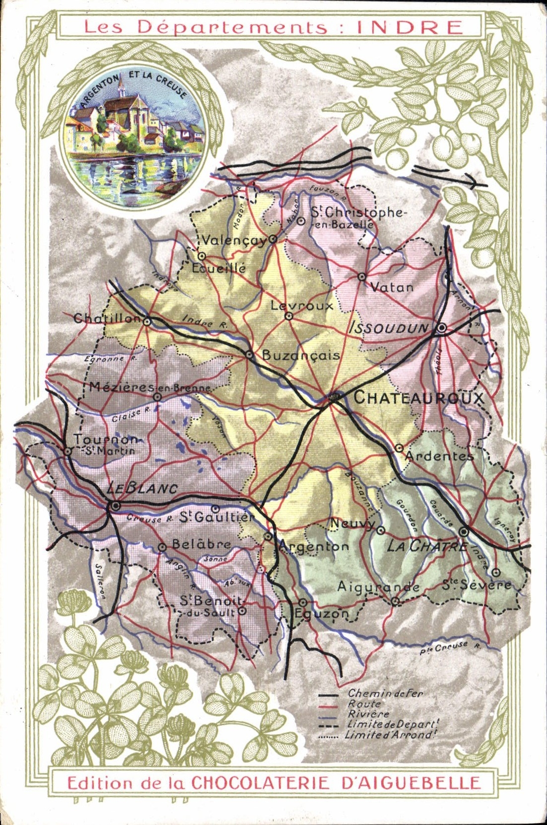 VINTAGE POSTCARD Geographical map Chocolate factory of Aiguebelle Indre Nickle silver and the Hollow one