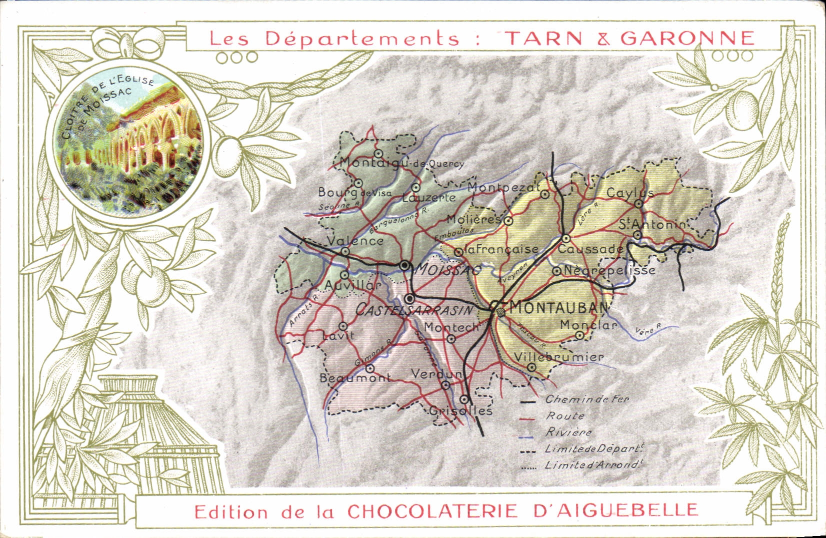 VINTAGE POSTCARD Geographical map Chocolate factory of Aiguebelle Tarn and the Garonne Church of Moissac