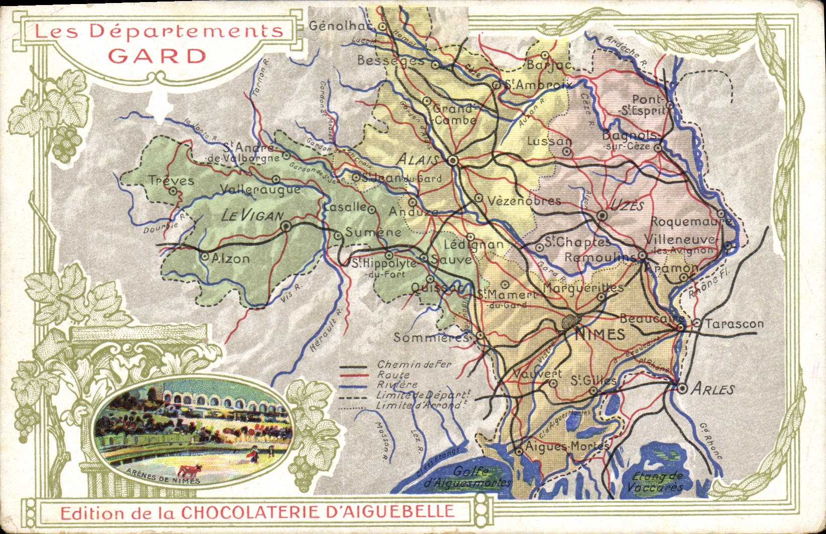 VINTAGE POSTCARD Geographical map Chocolate factory of Aiguebelle Gard Arena of Nimes Bullfight