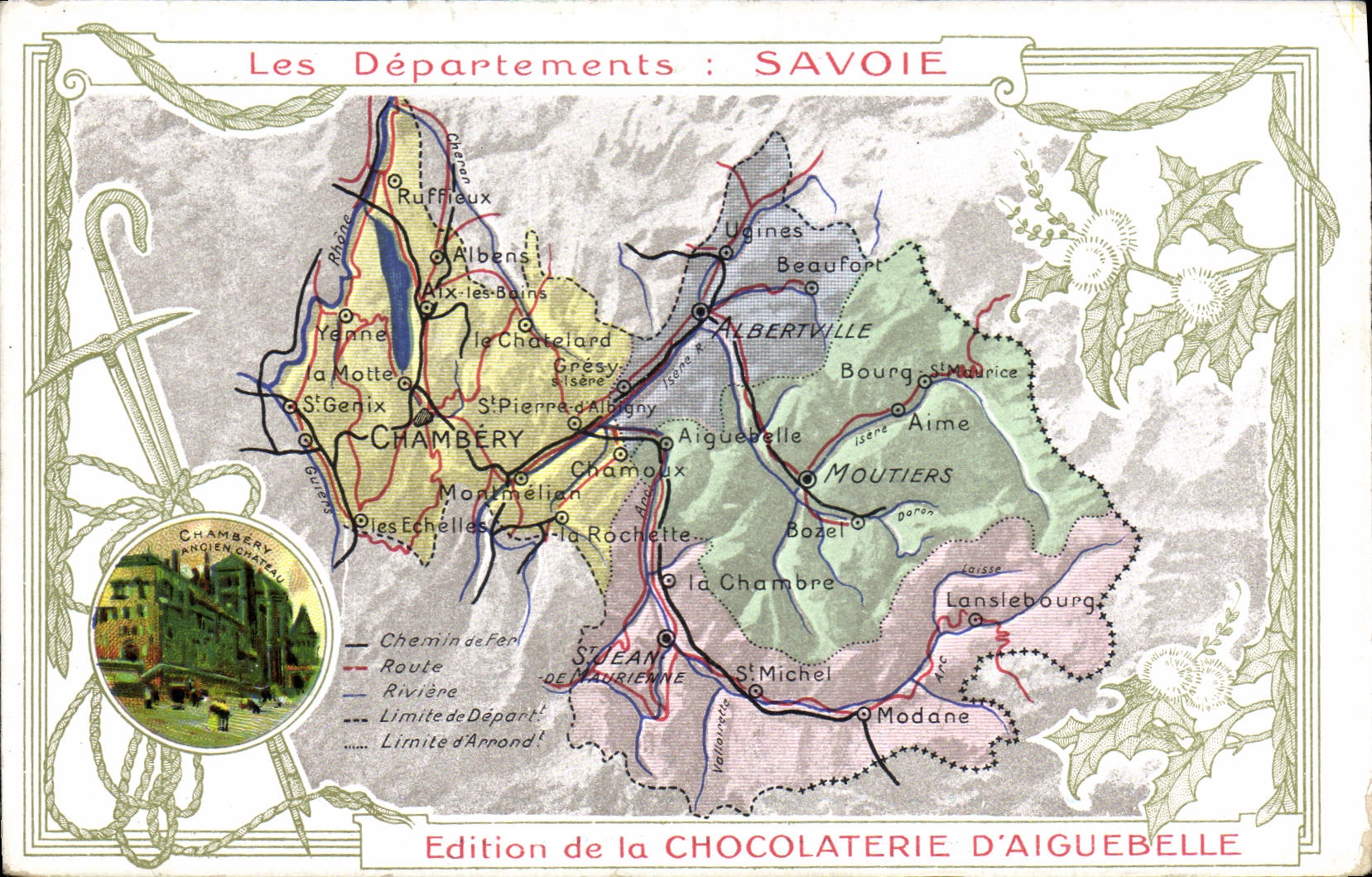 VINTAGE POSTCARD Geographical map Chocolate factory of Aiguebelle Savoy Chambéry