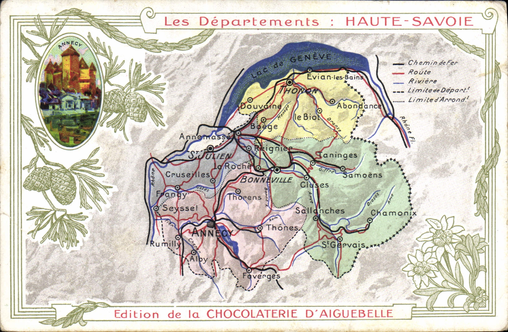 VINTAGE POSTCARD Geographical map Chocolate factory of Aiguebelle Haute-Savoie