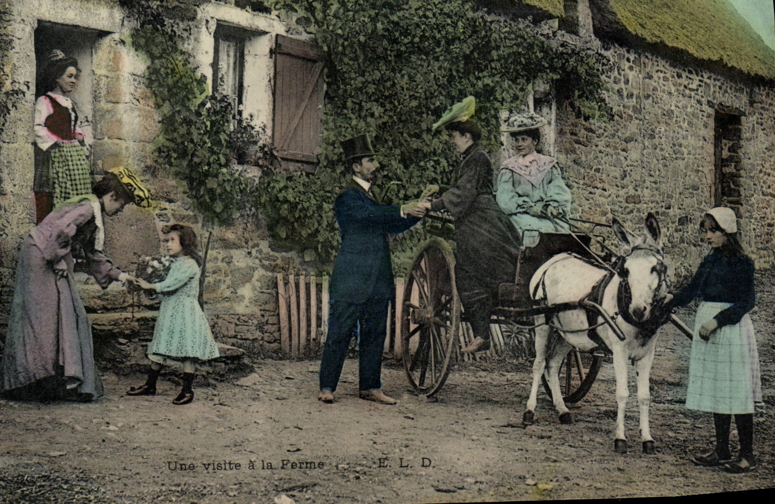 CPA Folklore Une visite a la ferme Ane Mule Attelage 