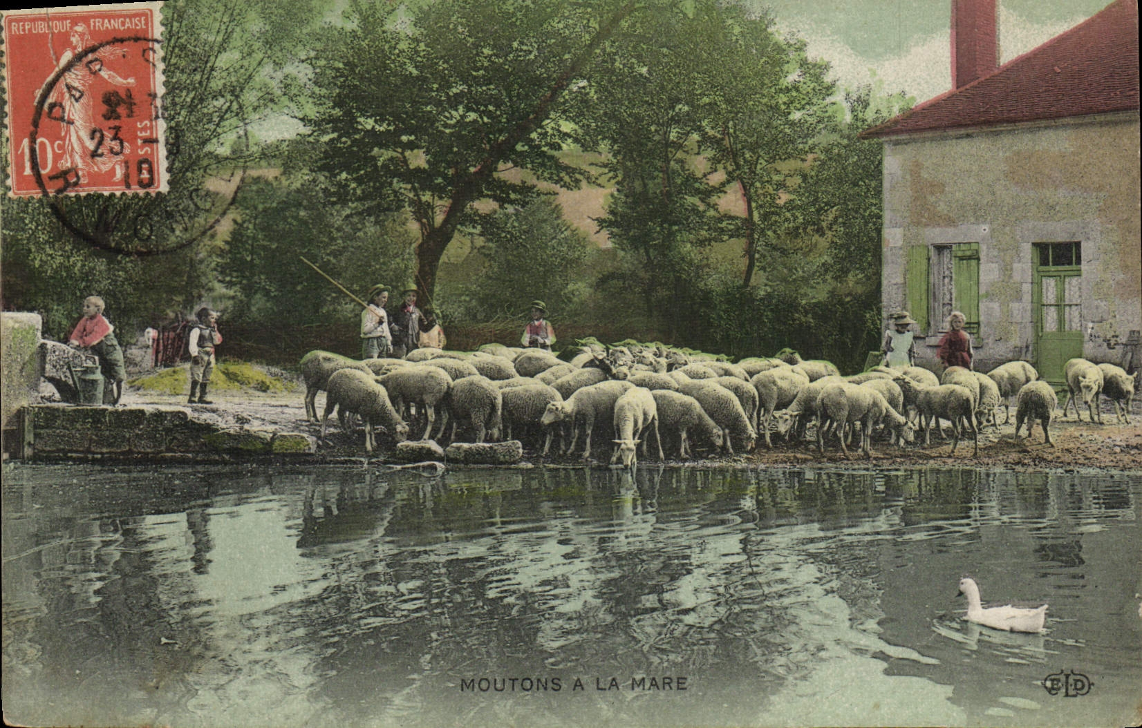 VINTAGE POSTCARD Folklore Sheep with the pond Children