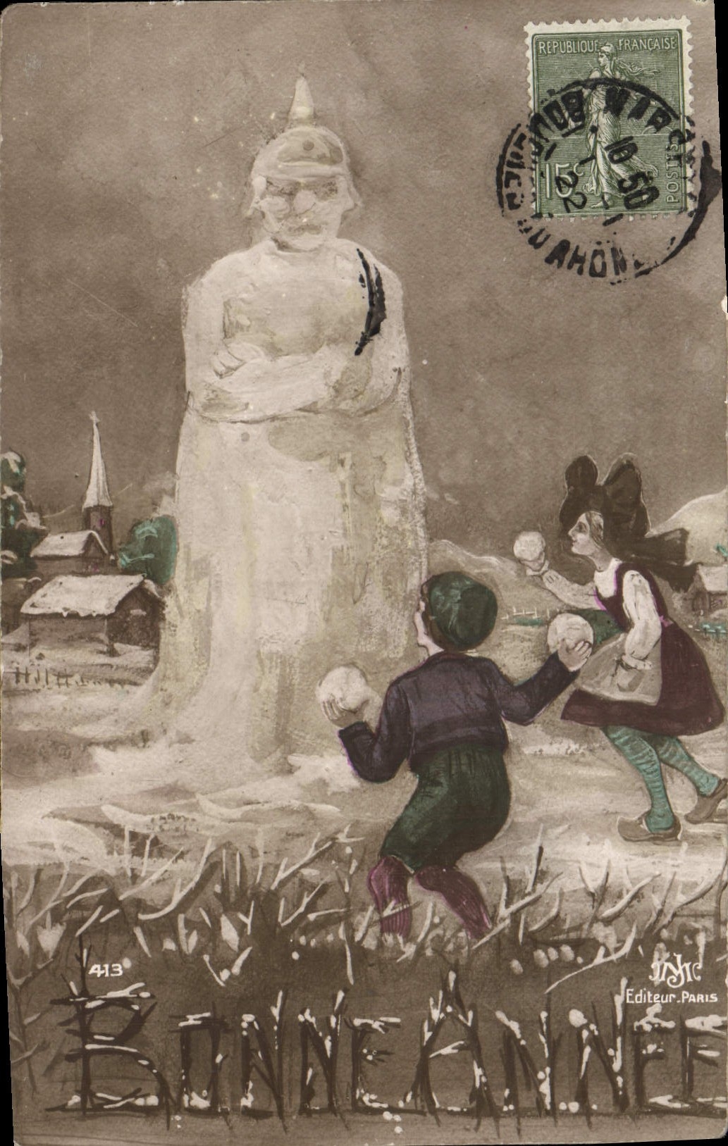 VINTAGE POSTCARD Fantasy Children Happy New Year Snowman Alsace