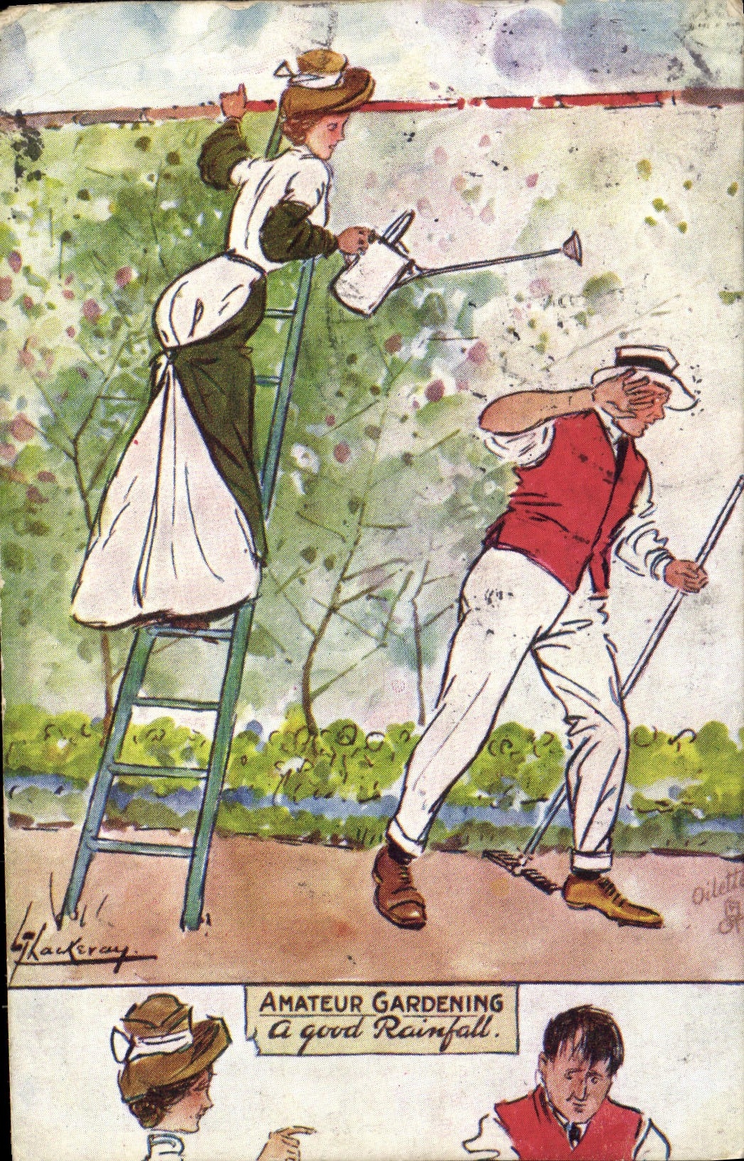VINTAGE POSTCARD Fantaisie Illustrator Amateur gardening has good rainfall
