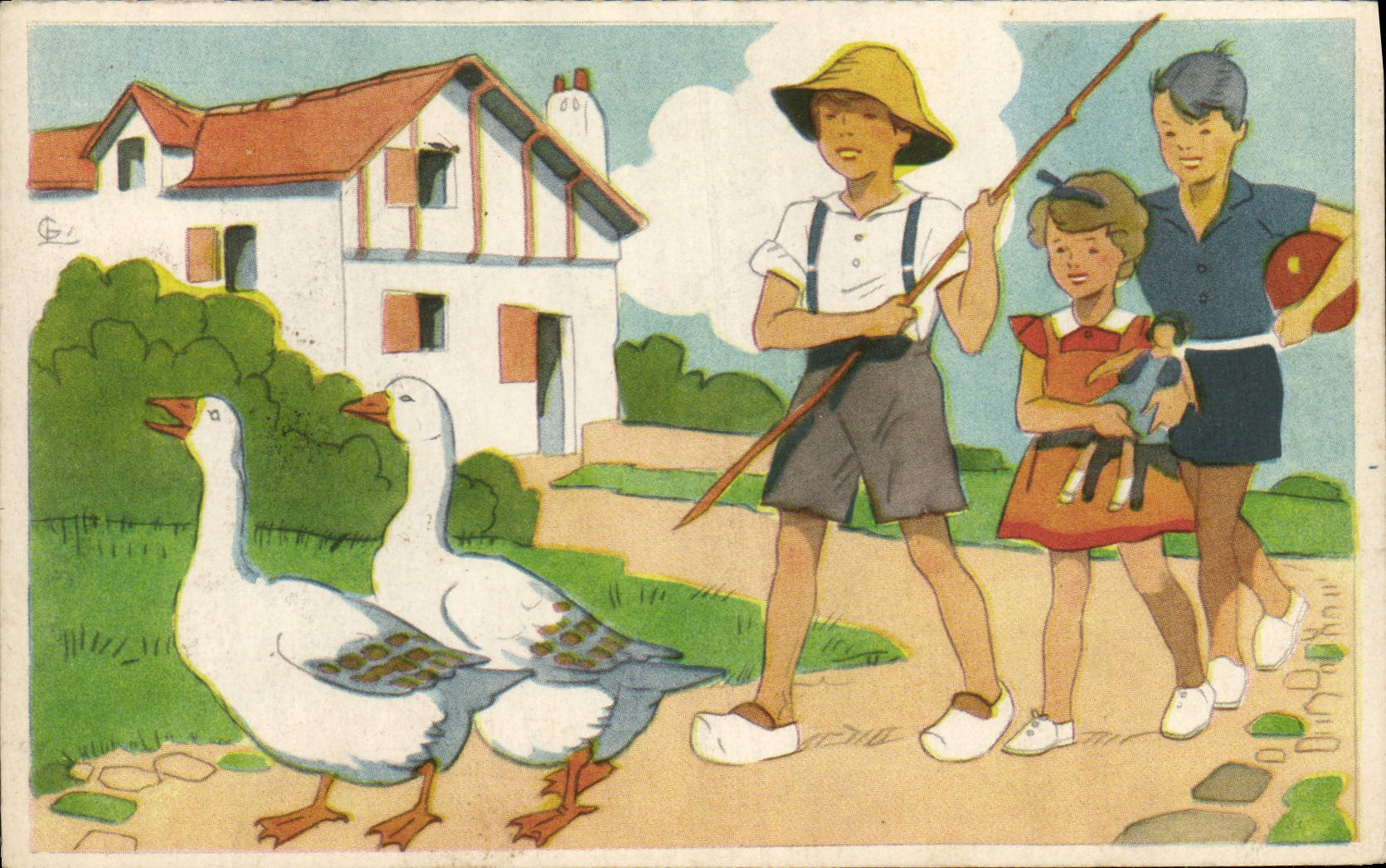 VINTAGE POSTCARD Fantasy Illustrator Children Geese