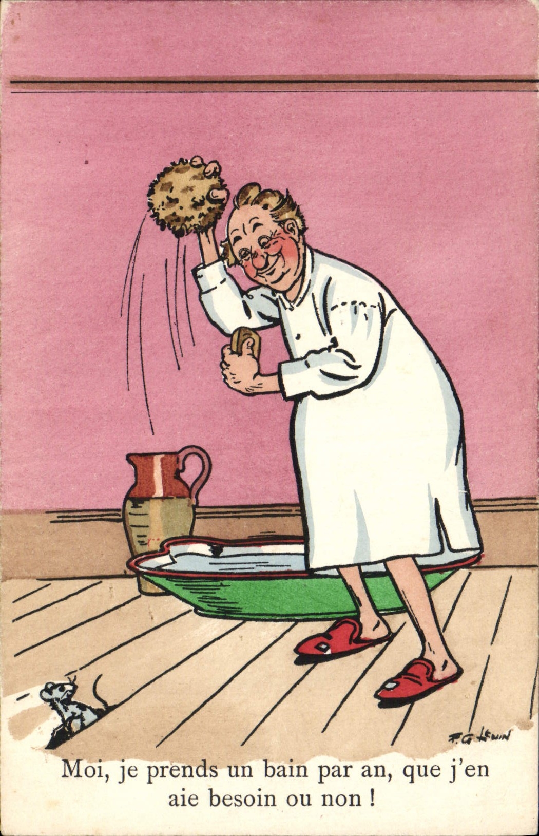 VINTAGE POSTCARD Fantaisie Illustrator Me I take a bath per annum