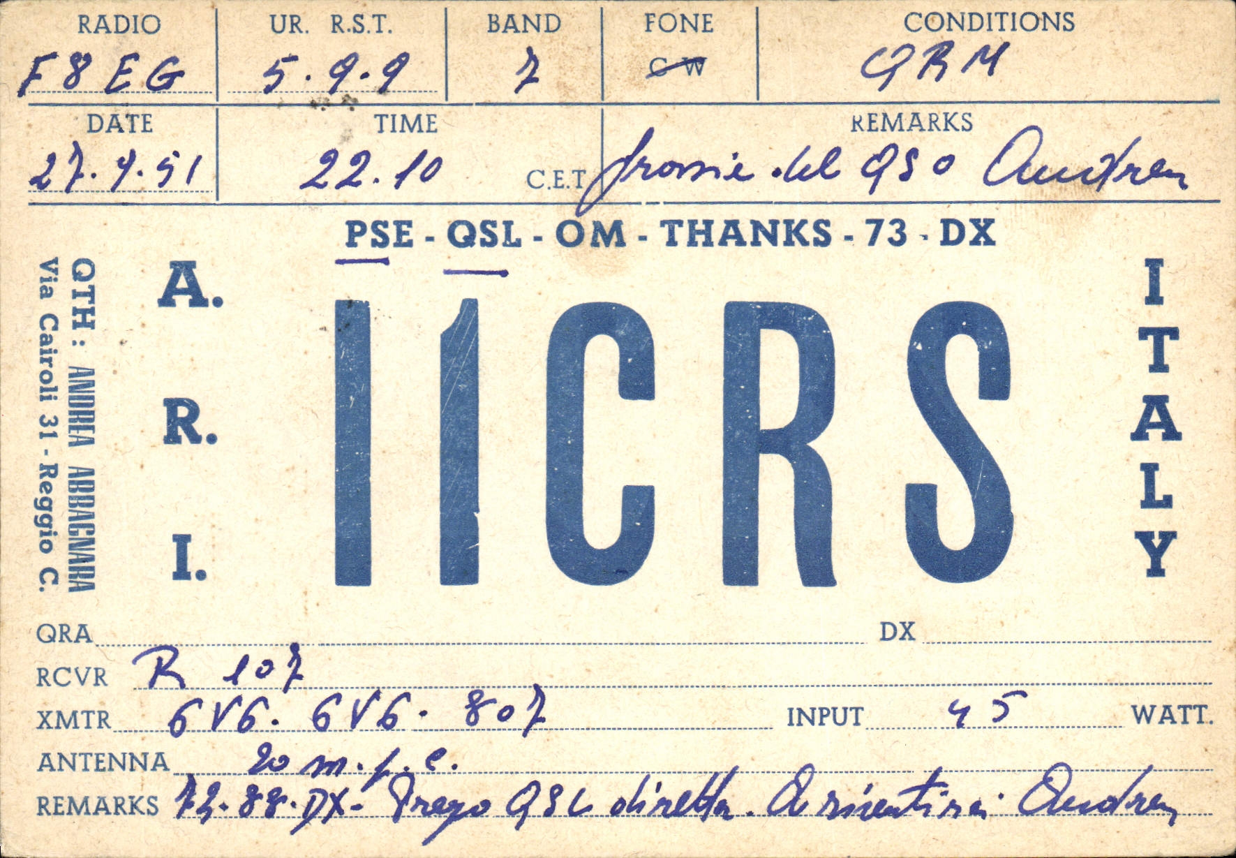 VINTAGE POSTCARD Telegraphy IICRS Andrea Abbagnara Via Cairoli Reggio Italy