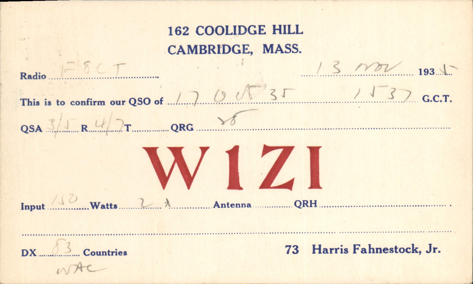 CPA Telegraphie Coolidge Hill Cambridge Mass W1ZI Harris Fahnestock Jr
