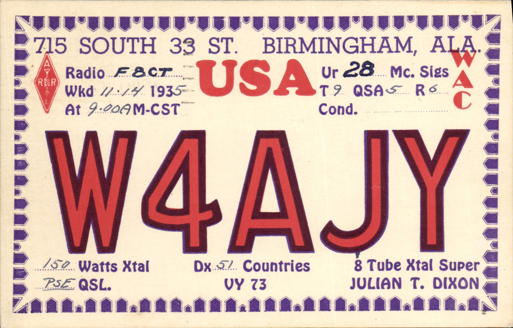 VINTAGE POSTCARD Telegraphie W4AJY South Birmingham Went Julian T Dixon