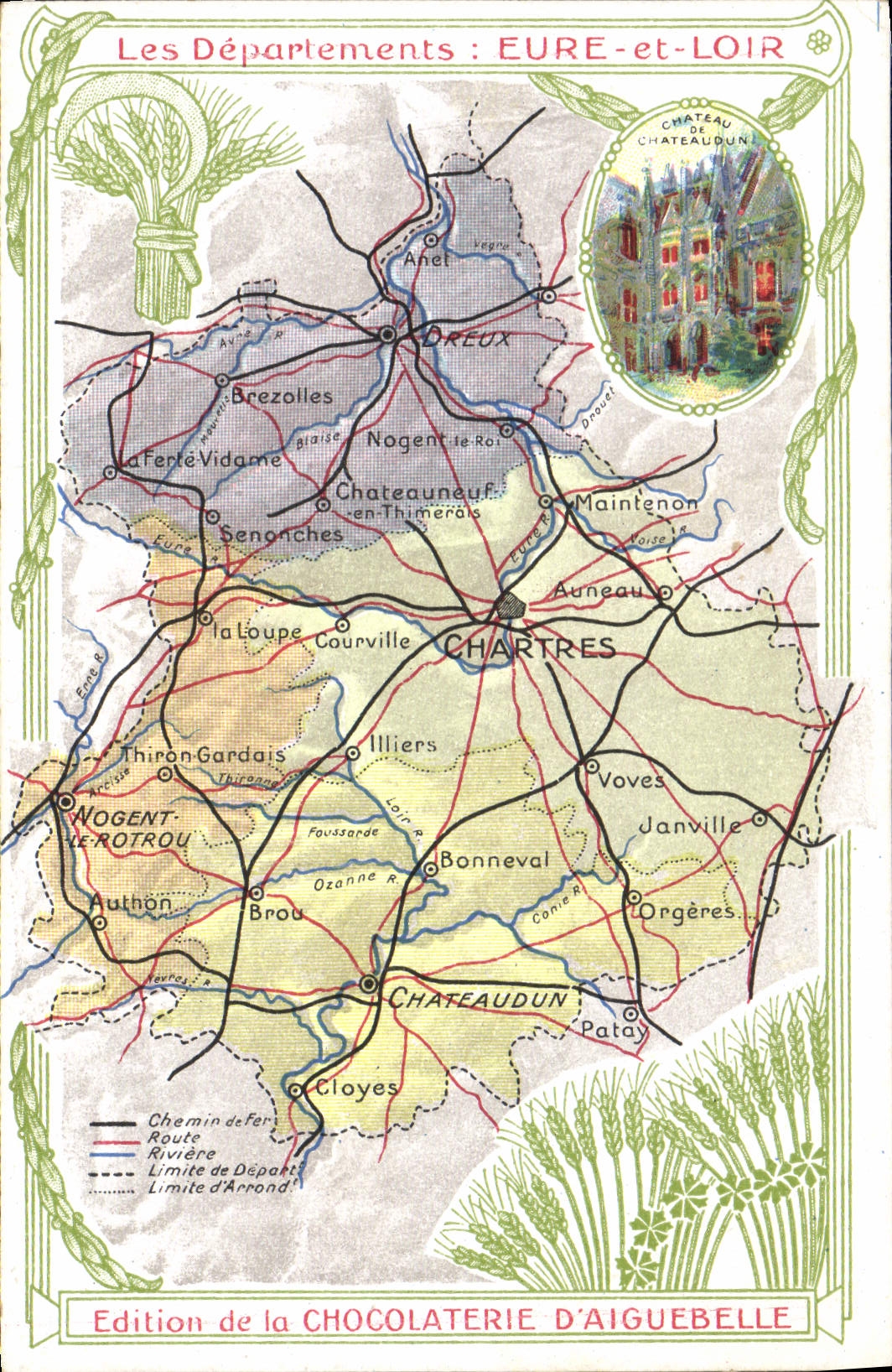 VINTAGE POSTCARD Geographical maps Chocolate factory of Aiguebelle the Eure and Loir Castle of Chateaudun