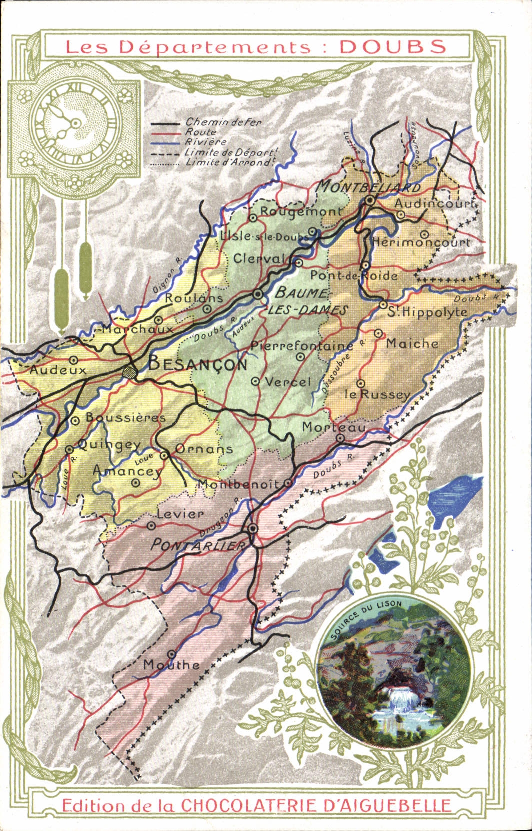 VINTAGE POSTCARD Geographical maps Chocolate factory of Aiguebelle Doubs Source of Lison