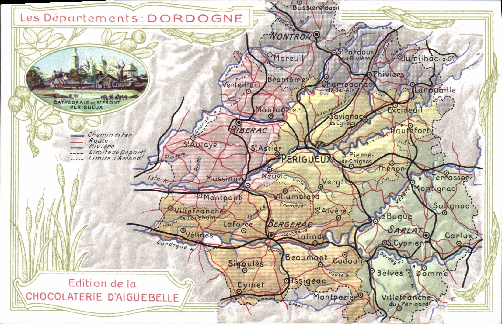 Fábrica geográfica del chocolate de los mapas de la POSTAL de la VENDIMIA de Aiguebelle la cara del St de la catedral de Dordogne Périgueux