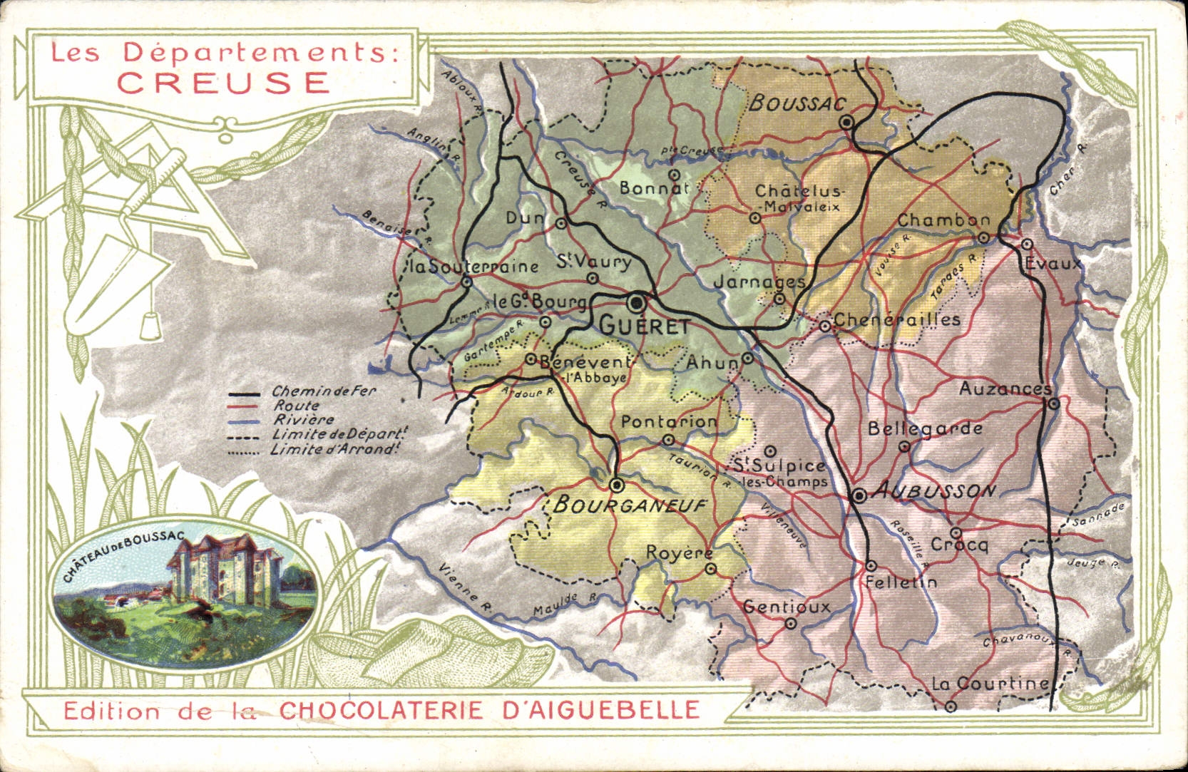 VINTAGE POSTCARD Geographical maps Chocolate factory of Aiguebelle Digs Castle of Boussac