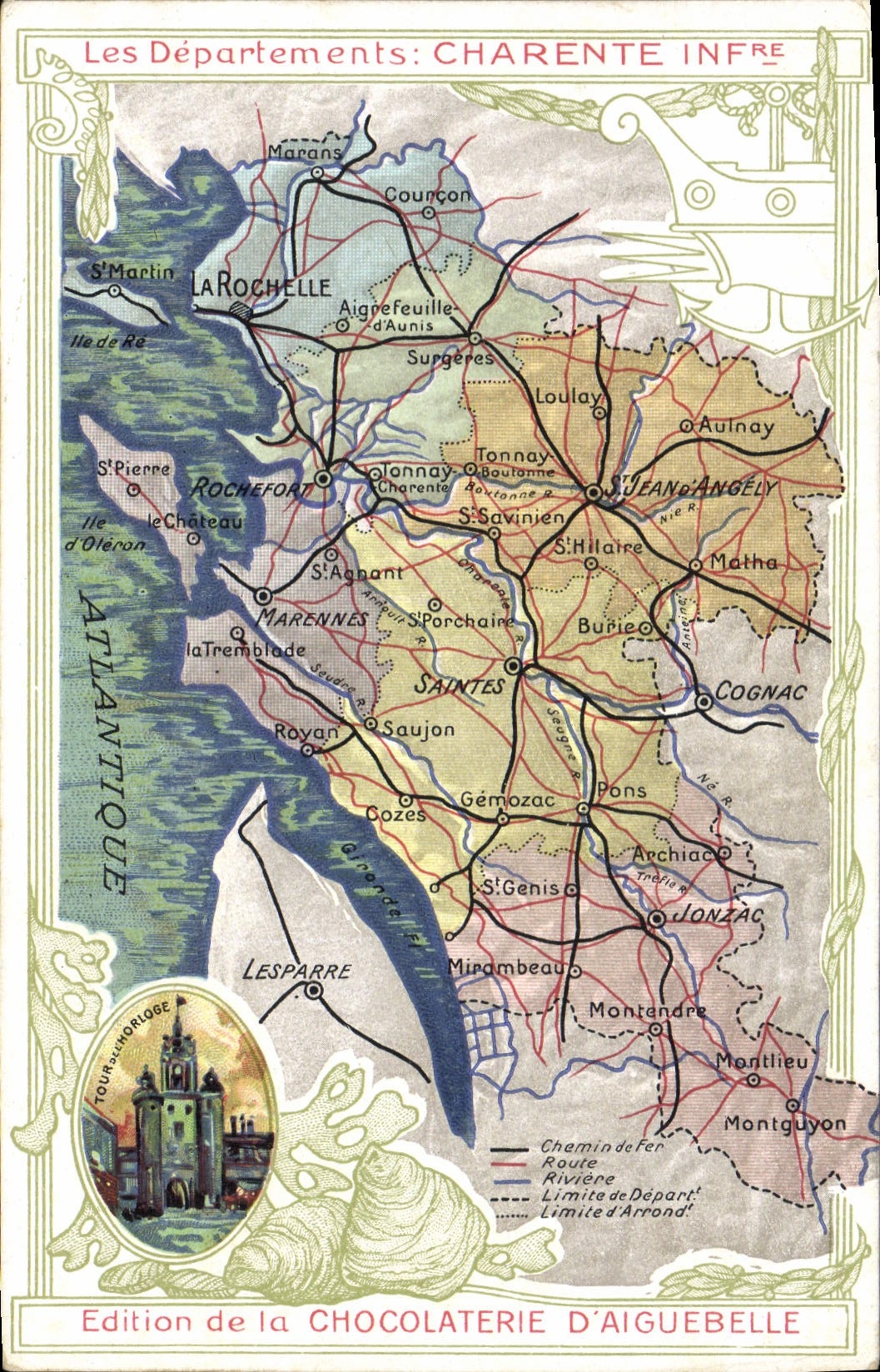 CPA Cartes geographiques Chocolaterie d'Aiguebelle Charente Inferieure Tour de l'horloge