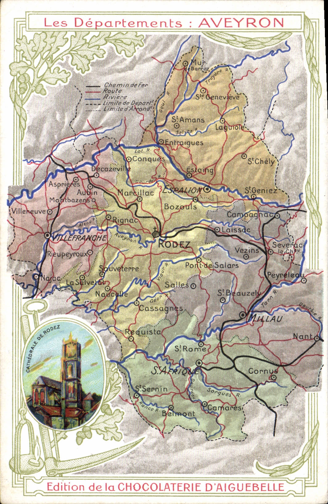 VINTAGE POSTCARD Geographical maps Chocolate factory of Aiguebelle Aveyron Cathedral of Rodez