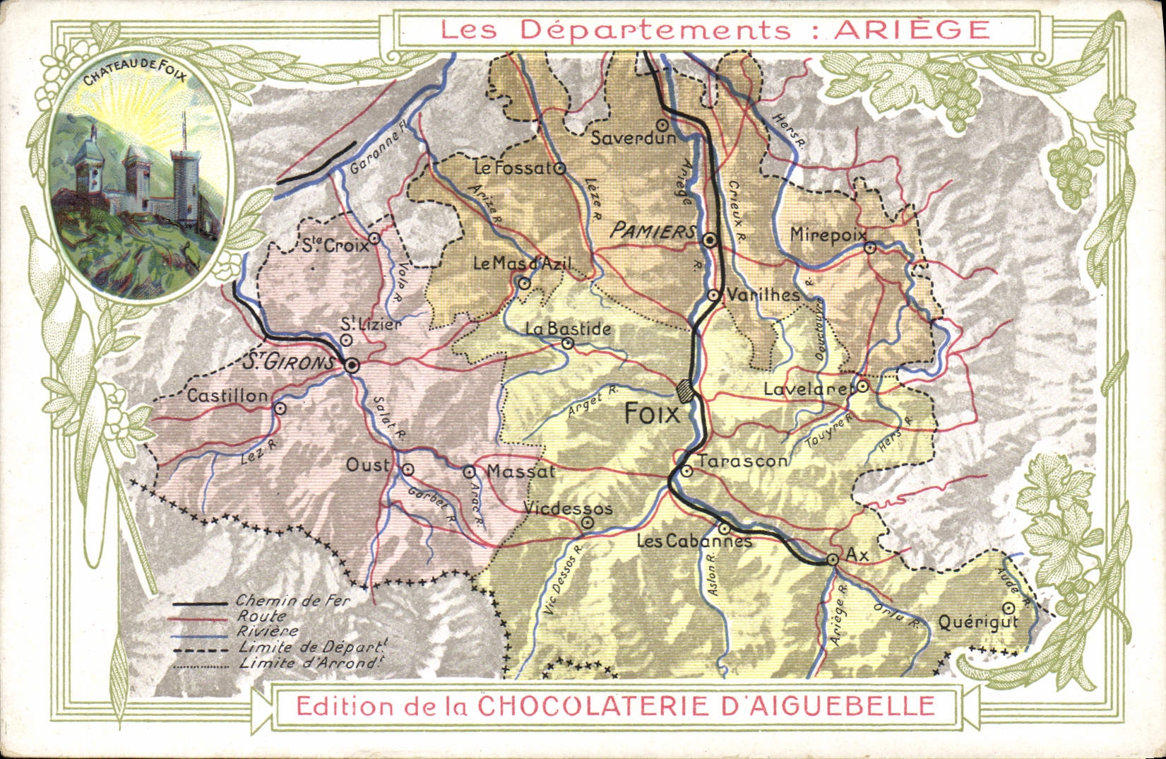 VINTAGE POSTCARD Geographical maps Chocolate factory of Aiguebelle Ariège Castle of Foix
