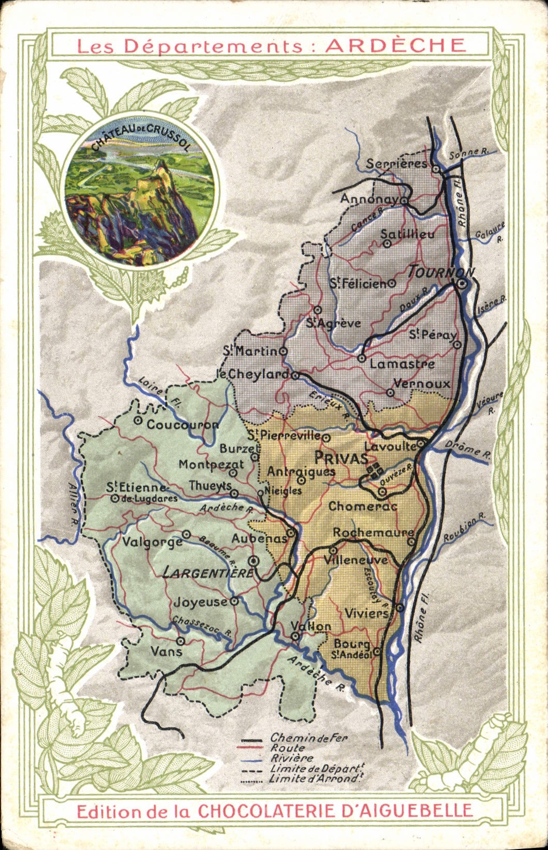 VINTAGE POSTCARD Geographical maps Chocolate factory of Aiguebelle Ardeche Castle of Crussol