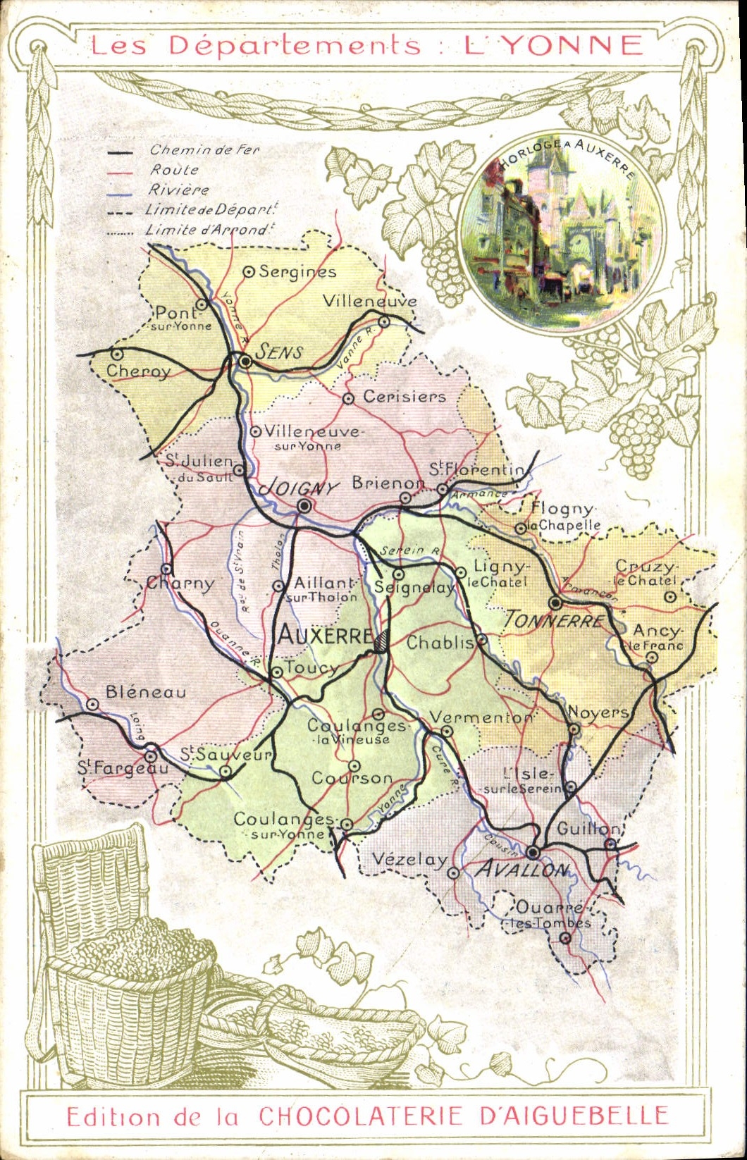 Fábrica geográfica del chocolate de los mapas de la POSTAL de la VENDIMIA de reloj de Aiguebelle Yonne de Auxerre