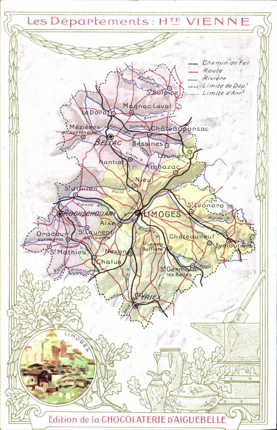 VINTAGE POSTCARD Geographical maps Chocolate factory of Aiguebelle High Vienna Limoges